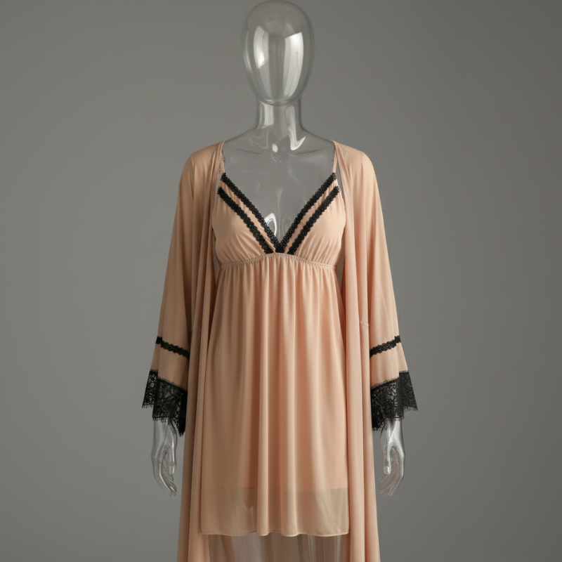 Blush Satin Nighty with Black Lace Trim