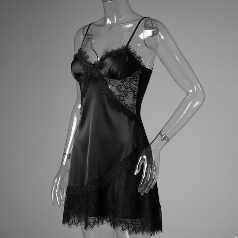 Black Satin Lace Nighty