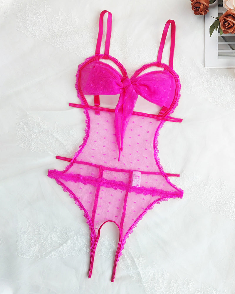 Sexy Floral Lace Bow Tie Open Crotch Hollow Polka Dot Mesh One-Piece Pajamas