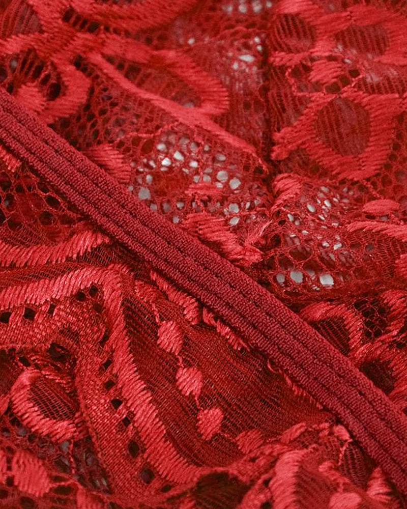 Deep V Sexy Translucent Floral Lace Cross-Back Open Crotch Design One-Piece Pajamas