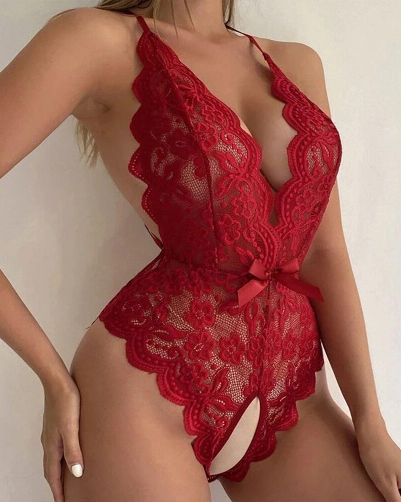 Deep V Sexy Translucent Floral Lace Cross-Back Open Crotch Design One-Piece Pajamas