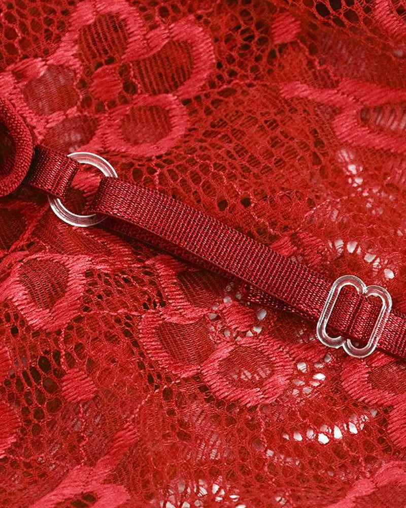 Deep V Sexy Translucent Floral Lace Cross-Back Open Crotch Design One-Piece Pajamas