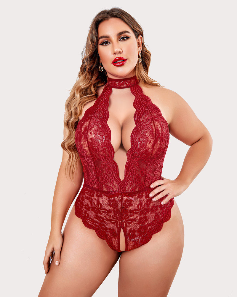 Plus Size Lace Halter Teddy